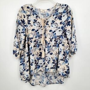 Umgee Tied Front High Low Blue White Floral Boho Top
